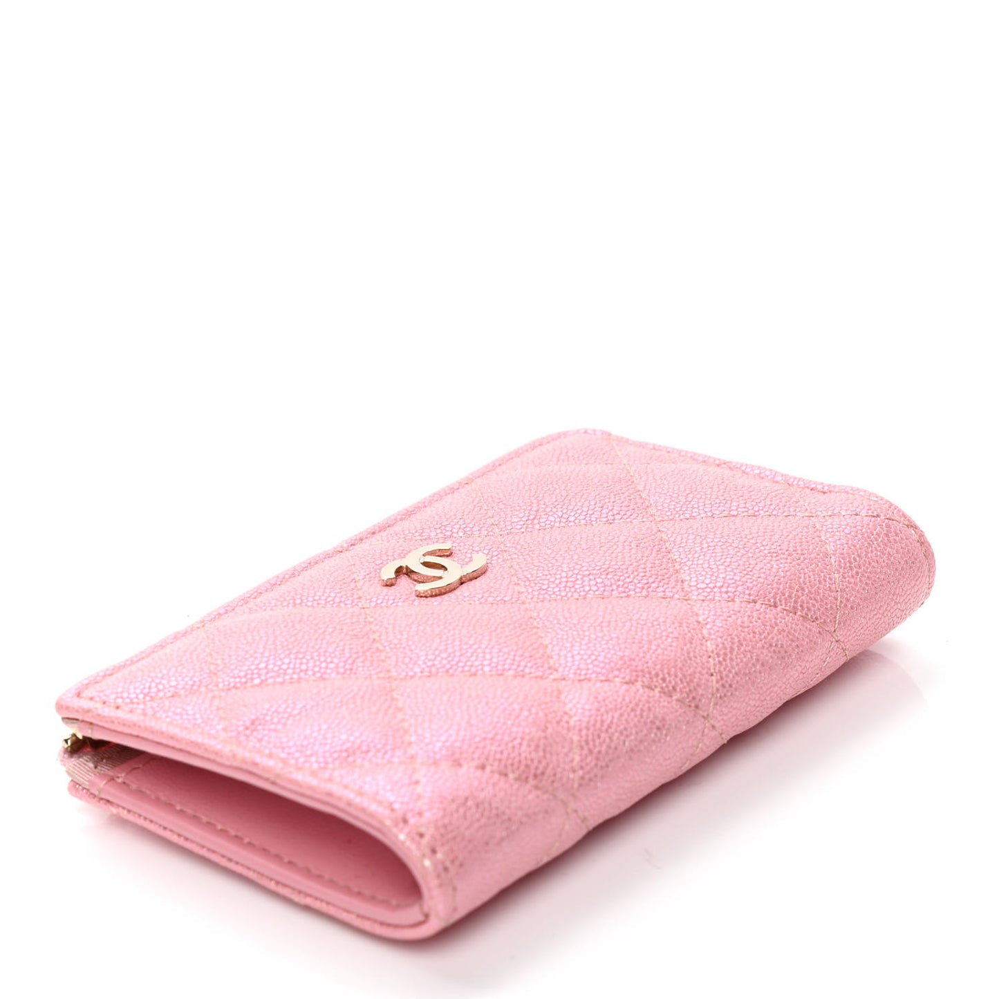 Iridescent Caviar Quilted Zipped Key Holder Case Rose Pink