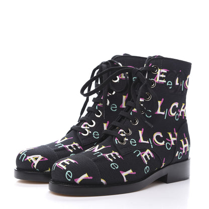 Chanel Tweed Lace Up Short Boots 36 Black Ecru Green Red 3 of 8