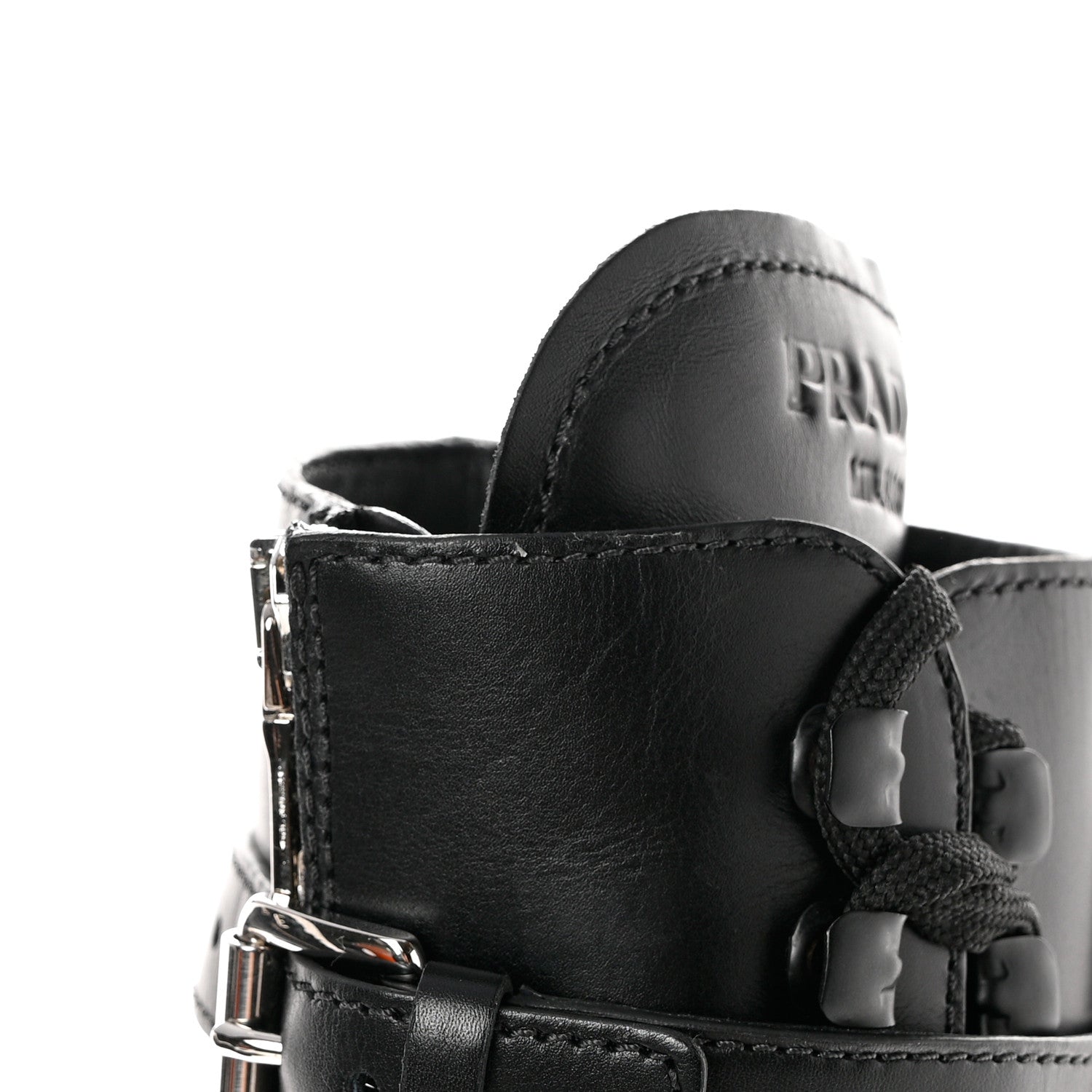 Prada Vitello Lux Nylon Metal Triangle Logo Monolith Pouch Pocket 55mm Tall Combat Boots 36 Black 10 of 13