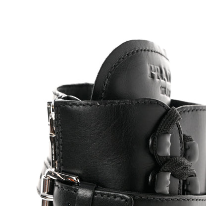 Prada Vitello Lux Nylon Metal Triangle Logo Monolith Pouch Pocket 55mm Tall Combat Boots 36 Black 10 of 13