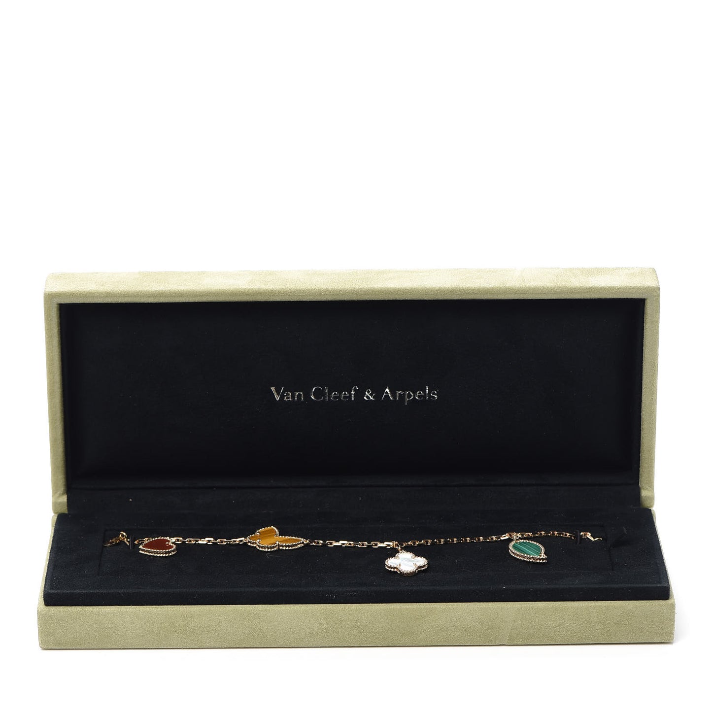18K Yellow Gold Mother of Pearl Malachite Carnelian Tiger Eye 4 Motifs Lucky Alhambra Bracelet