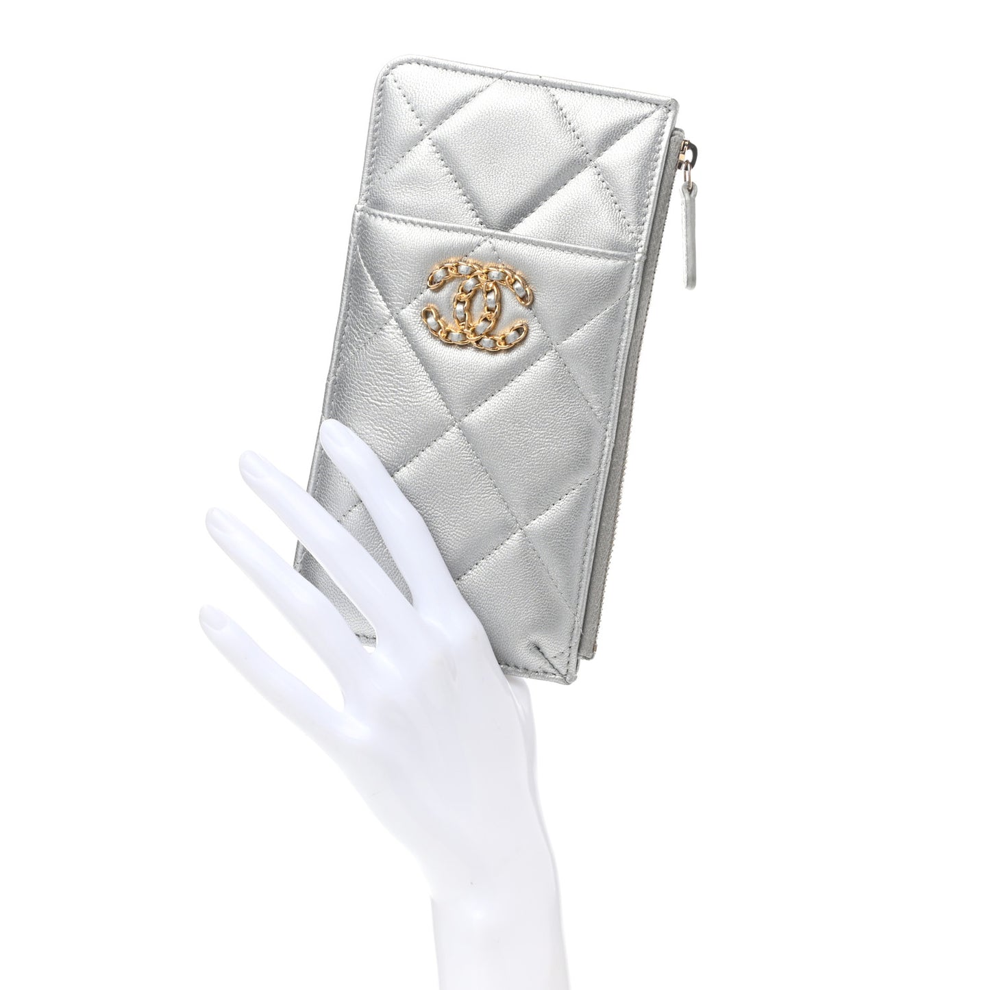Lambskin Quilted Chanel 19 Phone and Card Holder Silver