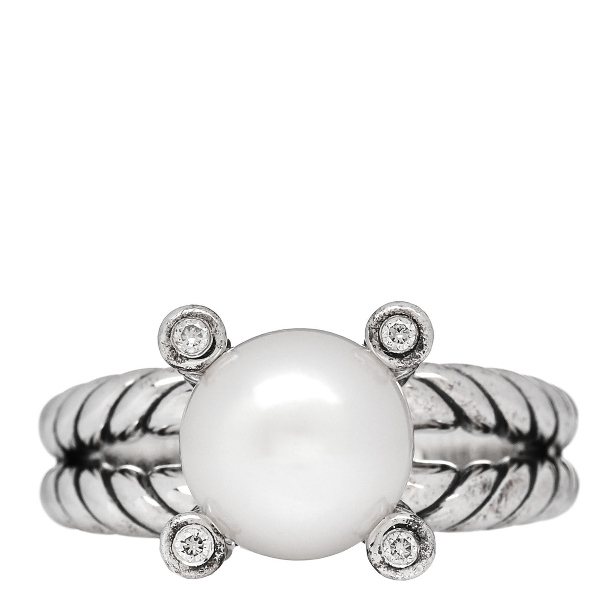 David Yurman Sterling Silver Diamond Cultured Pearl 10mm Cable Ring 57 8 1 of 5
