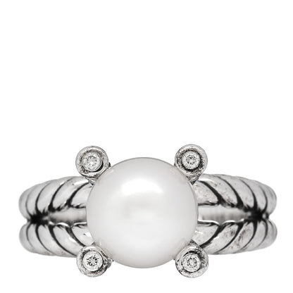 David Yurman Sterling Silver Diamond Cultured Pearl 10mm Cable Ring 57 8 1 of 5