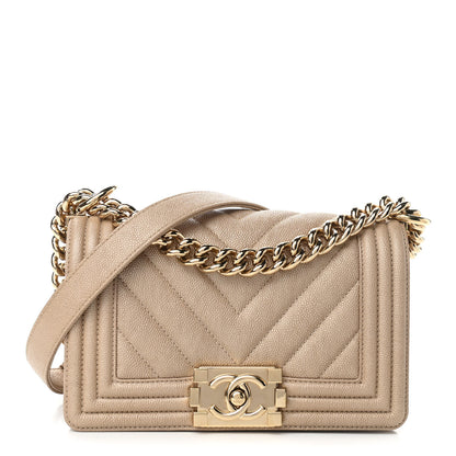 Chanel Iridescent Caviar Chevron Quilted Small Boy Flap Beige 1 of 10