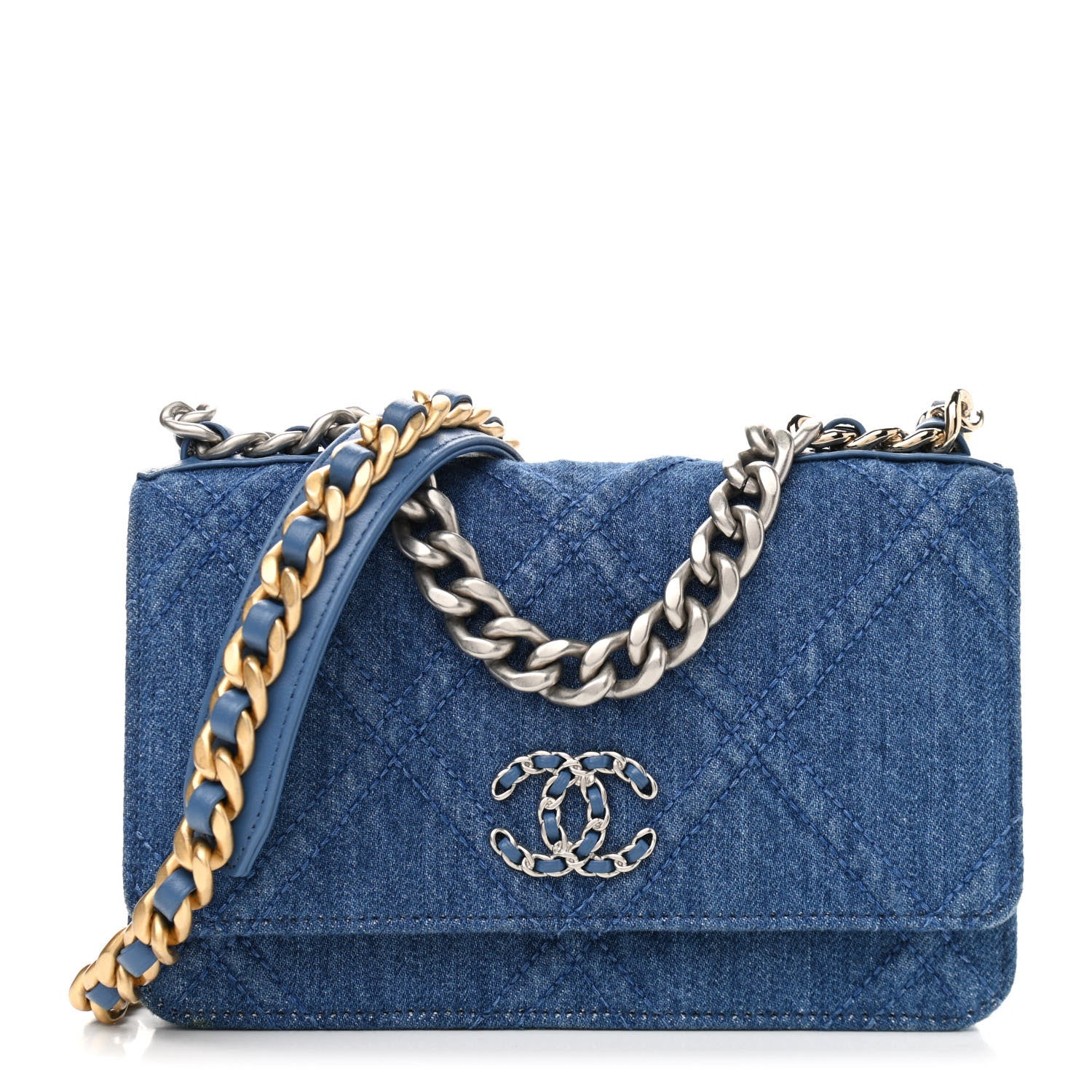 Chanel Denim Quilted Chanel 19 Wallet On Chain WOC Blue 1 of 12