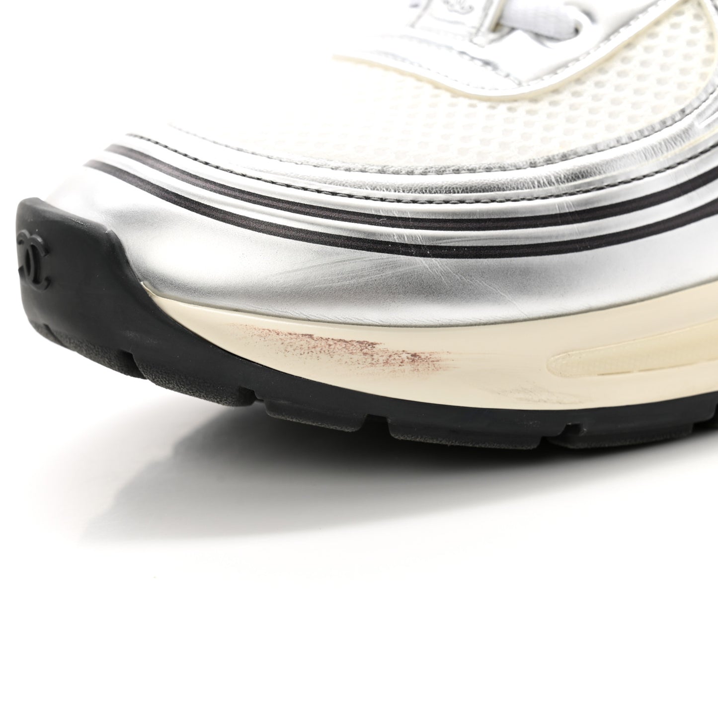 Fabric Laminated Calfskin Stretch CC Womens Sneakers 39.5 White Silver