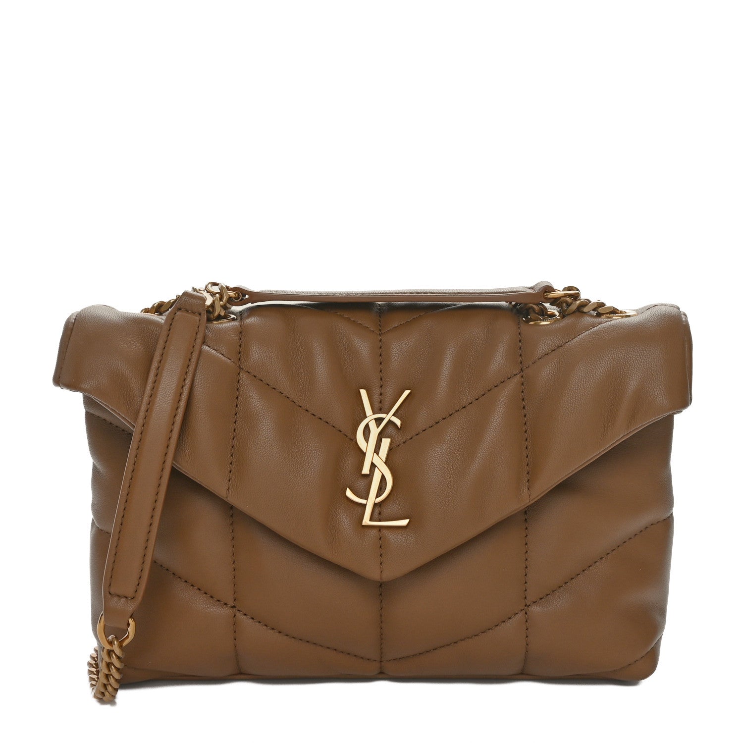 Saint Laurent Lambskin Quilted Toy Loulou Puffer Monogram Chain Satchel Dark Cork 1 of 11