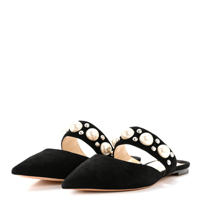 Jimmy Choo Suede Pearly Stud Embellished Basette Flat Mules 39 Black White 4 of 9