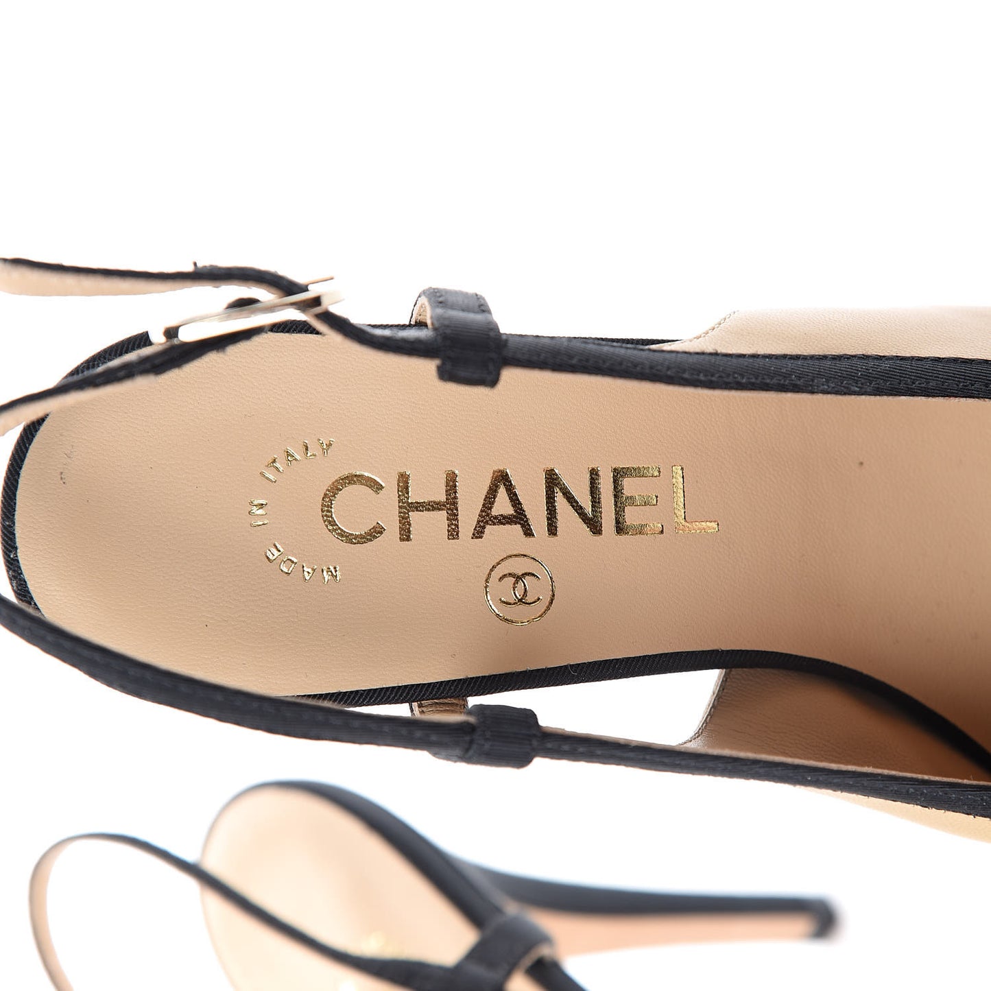 Lambskin Grosgrain Cap Toe CC Slingback Pumps 37 Beige Black