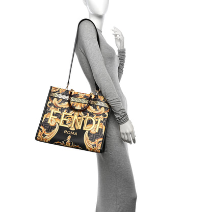 Fendi X VERSACE Calfskin Plexiglass Fendace FF Baroque Print Medium Fendi Sunshine Shopper Tote Black Gold 2 of 11