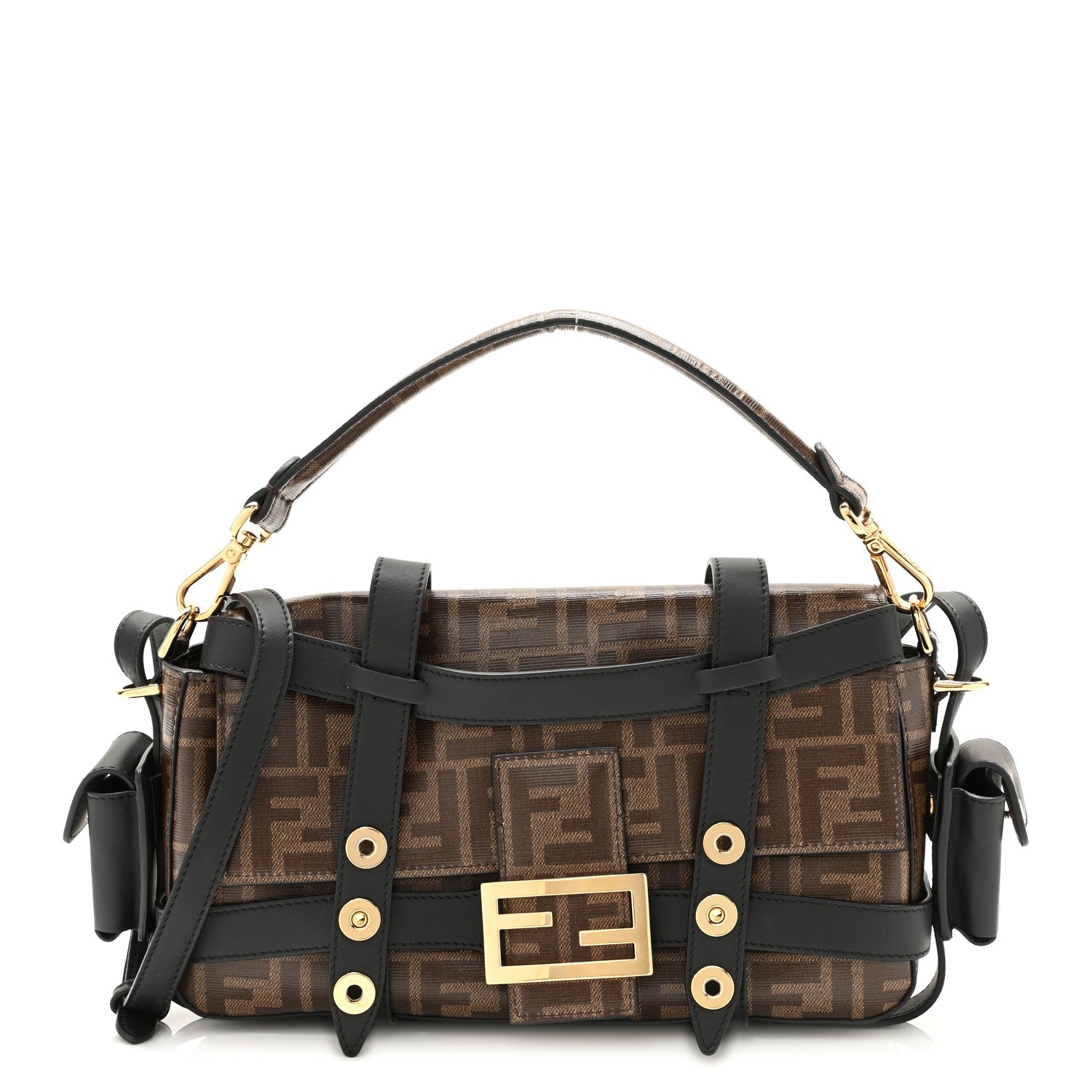 Fendi Glazed Fabric Vitello Century FF 1974 Large Baguette Cage Mogano Panna Black 1 of 10