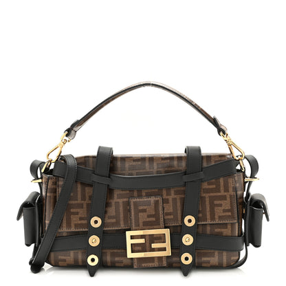 Fendi Glazed Fabric Vitello Century FF 1974 Large Baguette Cage Mogano Panna Black 1 of 10