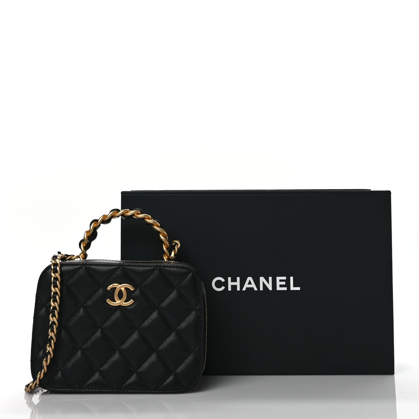 Lambskin Quilted Top Handle Small Vanity Case Black