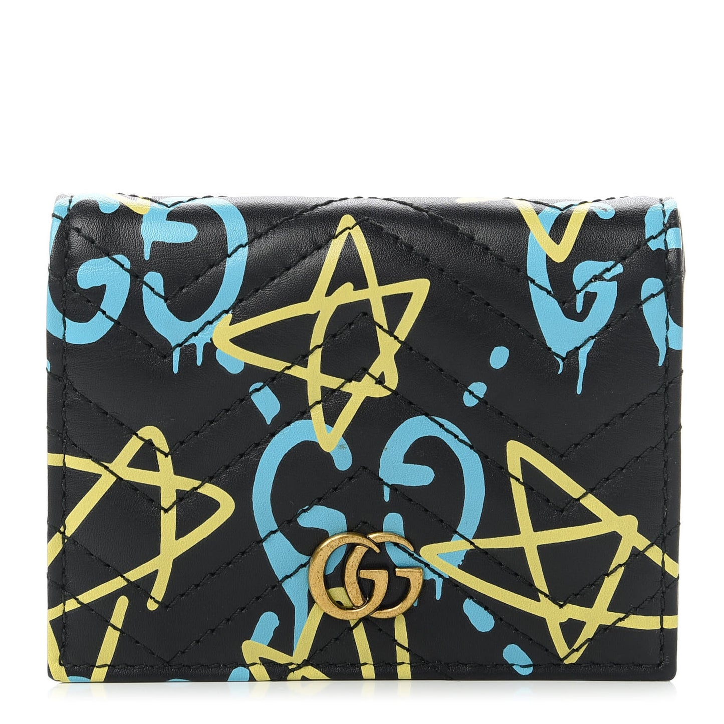 Calfskin Matelasse GucciGhost GG Marmont Card Case Wallet Black New Acquamarine