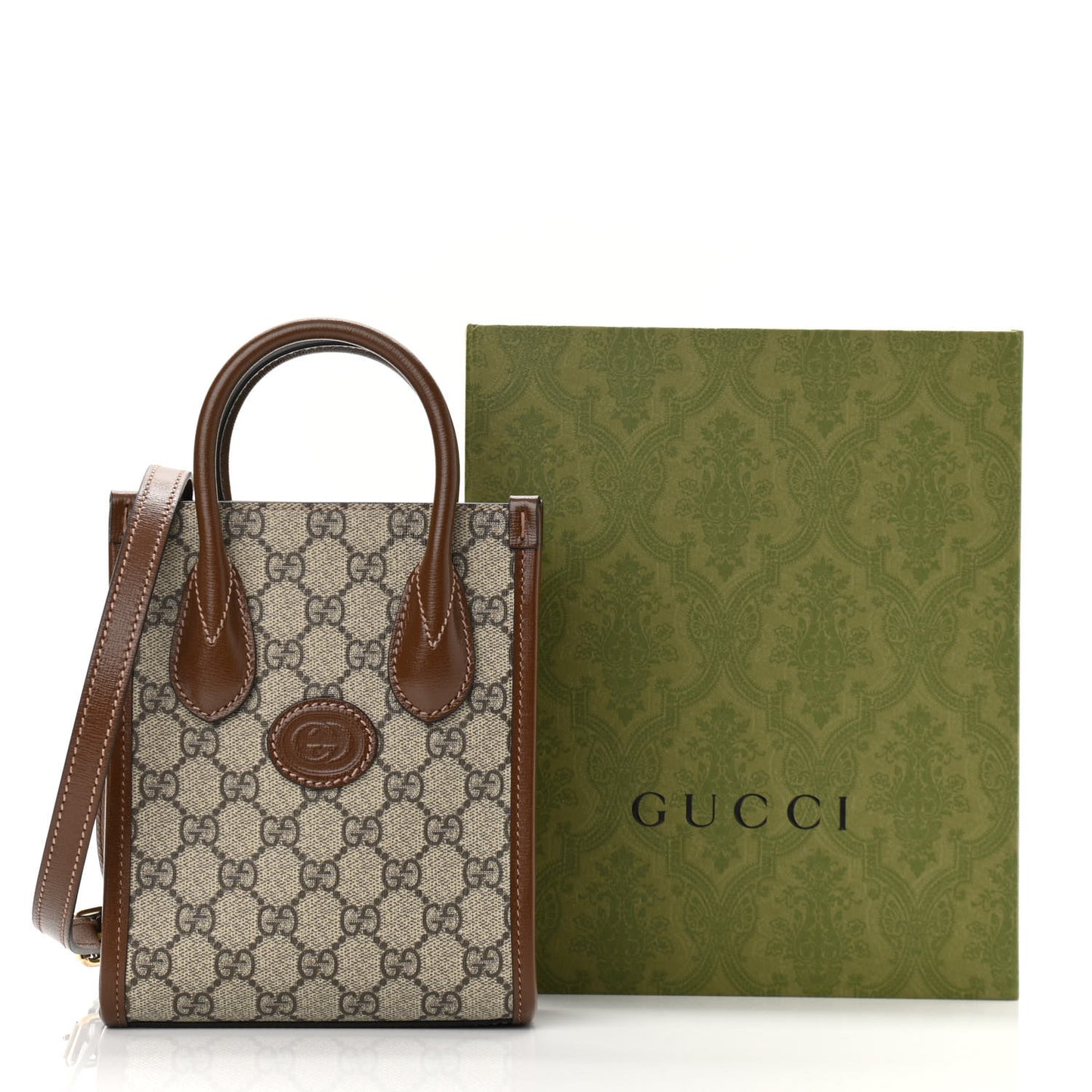GG Supreme Monogram Azalea Calfskin Mini Retro Interlocking G Tote Bag Beige Ebony Brown Sugar