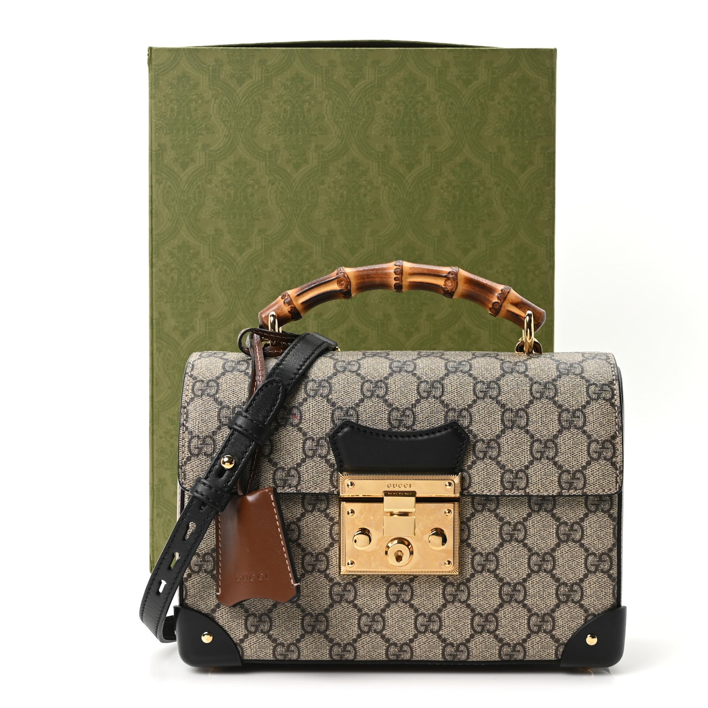 GG Supreme Monogram Small Padlock Bamboo Shoulder Bag Beige Black Cuir