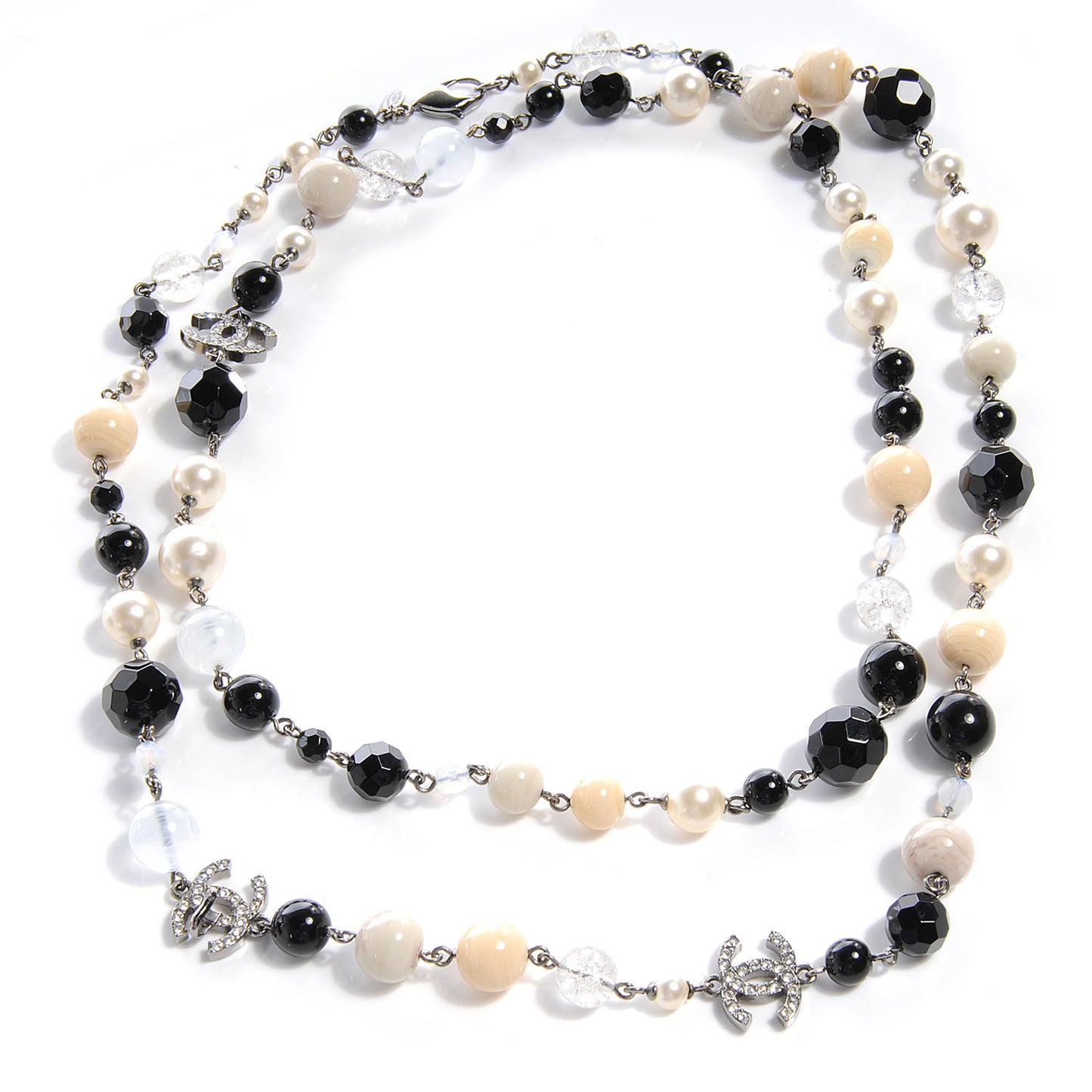 Pearl Crystal CC Beaded Long Necklace Silver