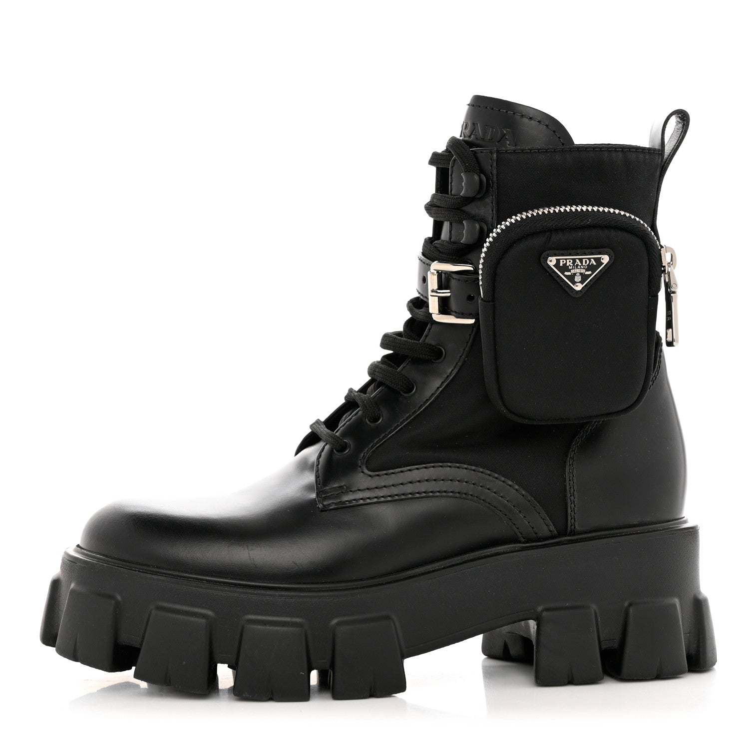 Prada Spazzolato Rois Re-Nylon Metal Triangle Logo Monolith Pouch Pocket 55mm Boots 39.5 Black 1 of 9