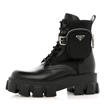 Prada Spazzolato Rois Re-Nylon Metal Triangle Logo Monolith Pouch Pocket 55mm Boots 39.5 Black 1 of 9
