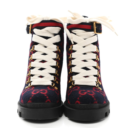 Gucci Covered Wool Big GG Monogram Womens Lace Up Combat Ankle Boots 36 Blue Red 2 of 9