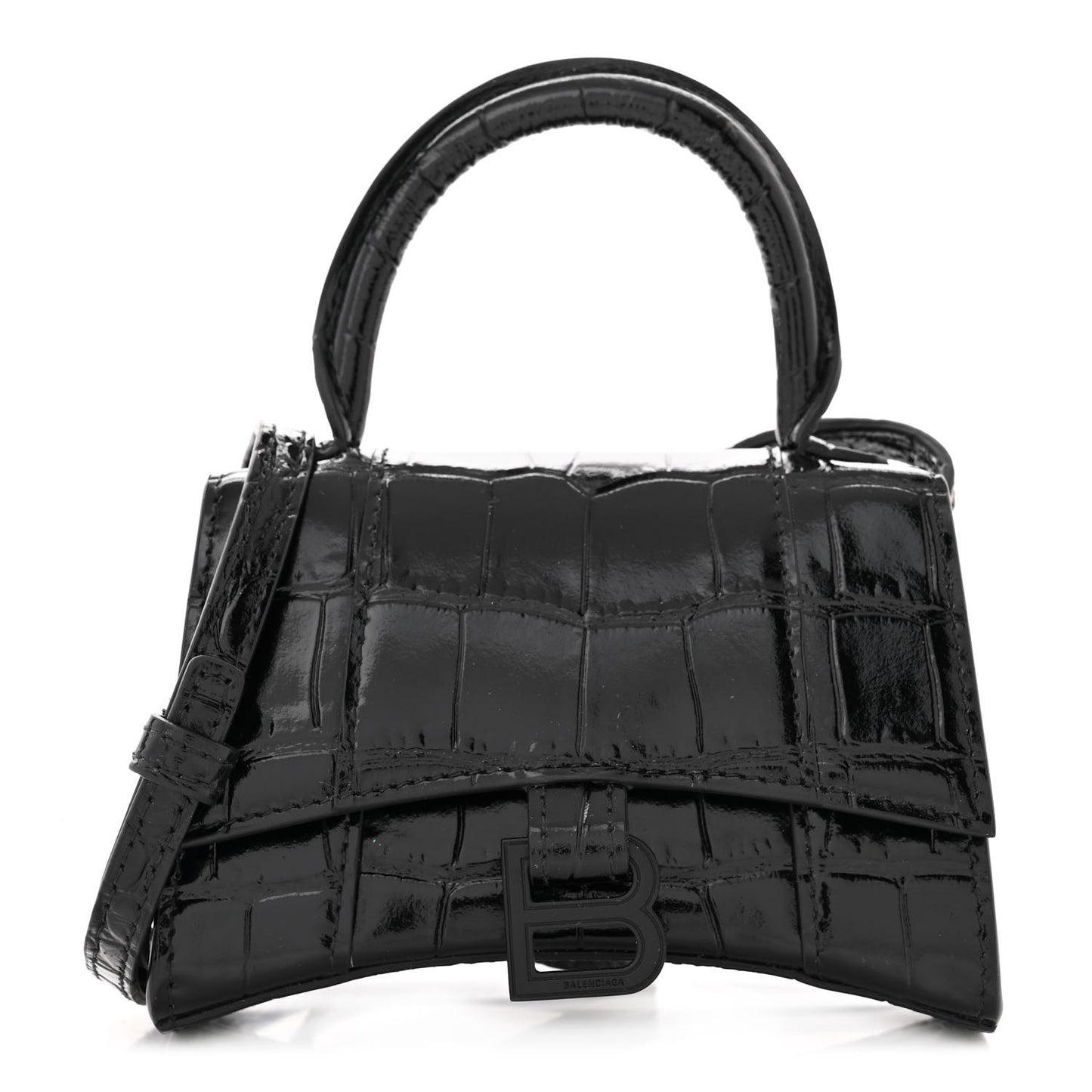 Shiny Calfskin Monochrome Crocodile Embossed Hourglass Top Handle Bag Mini Black