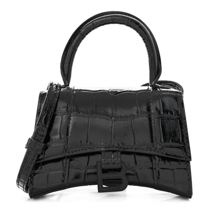 Balenciaga Shiny Calfskin Monochrome Crocodile Embossed Hourglass Top Handle Bag Mini Black 1 of 11