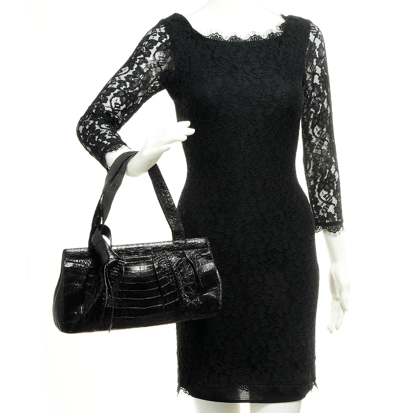 Crocodile Pleated Shoulder Bag Black