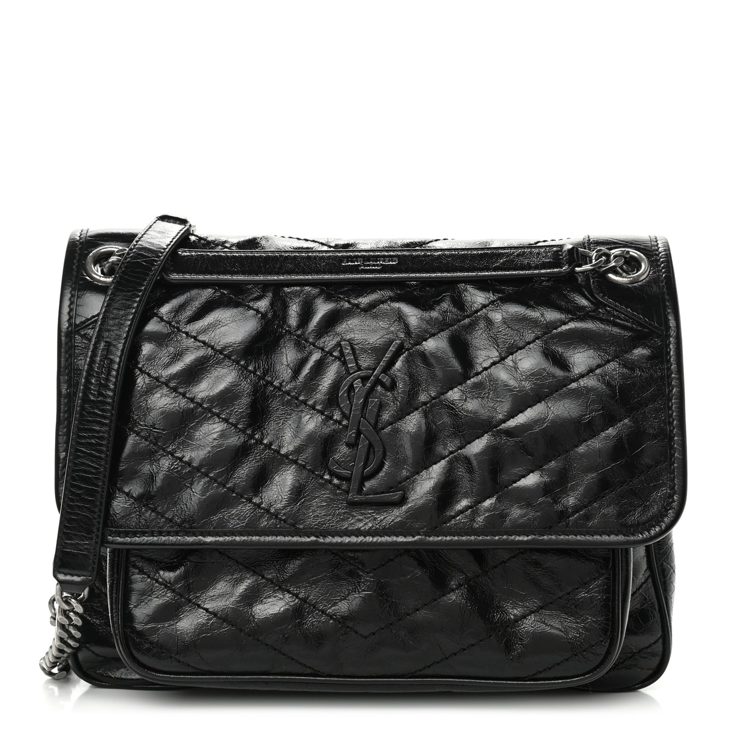 Crinkled Calfskin Matelasse Monogram Medium Niki Chain Satchel Black