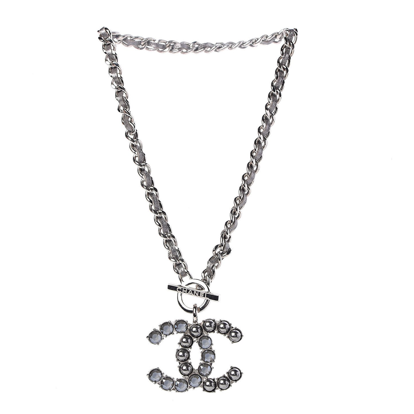 Crystal Beads Lambskin CC Short Necklace Silver