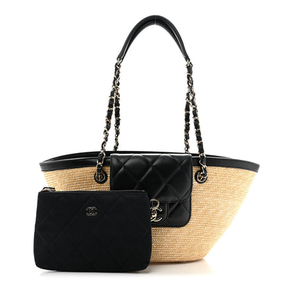Chanel Raffia Braided Lambskin Small Shopping Tote Beige Black 3 of 12