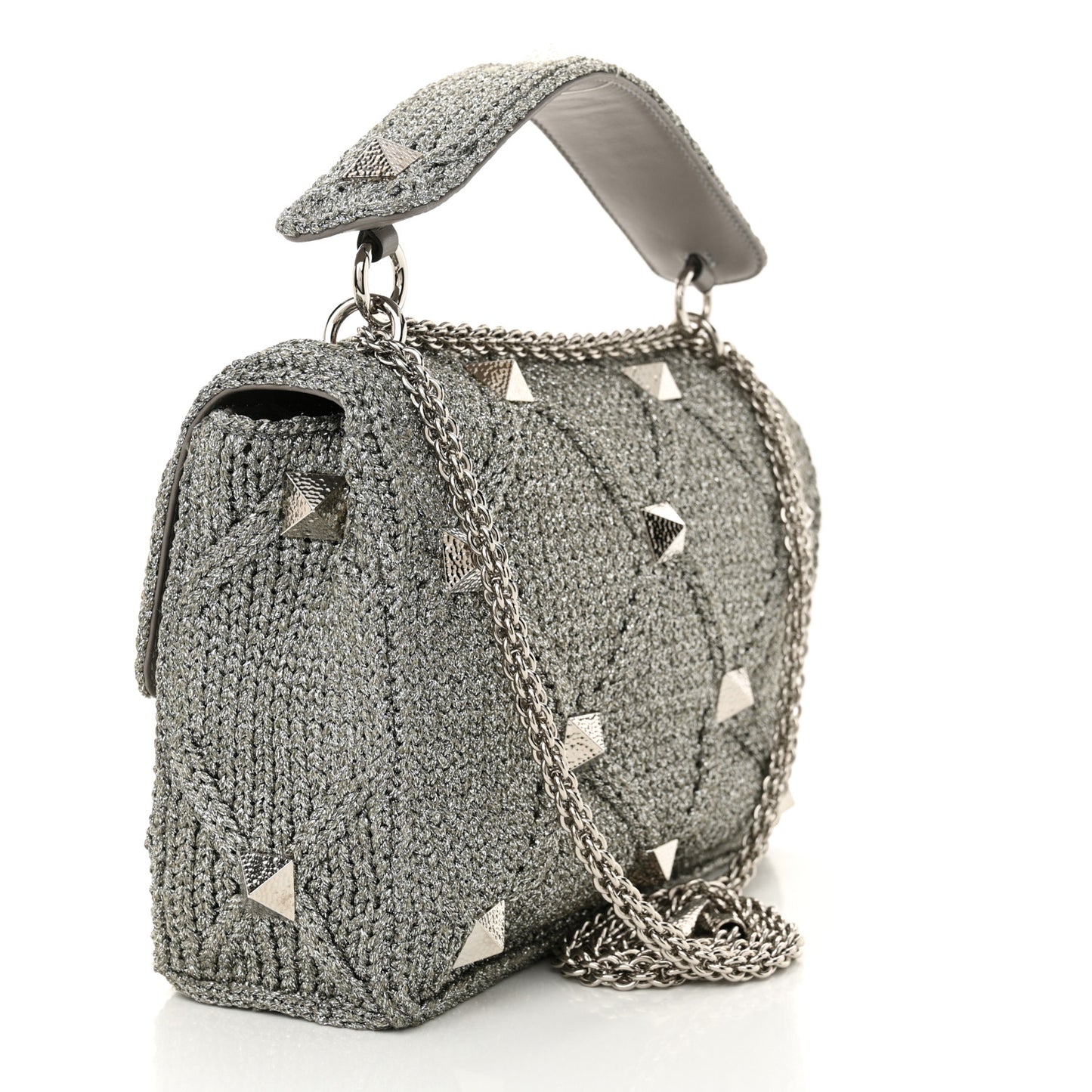 Metallic Lurex Knit Large Roman Stud Shoulder Bag Silver