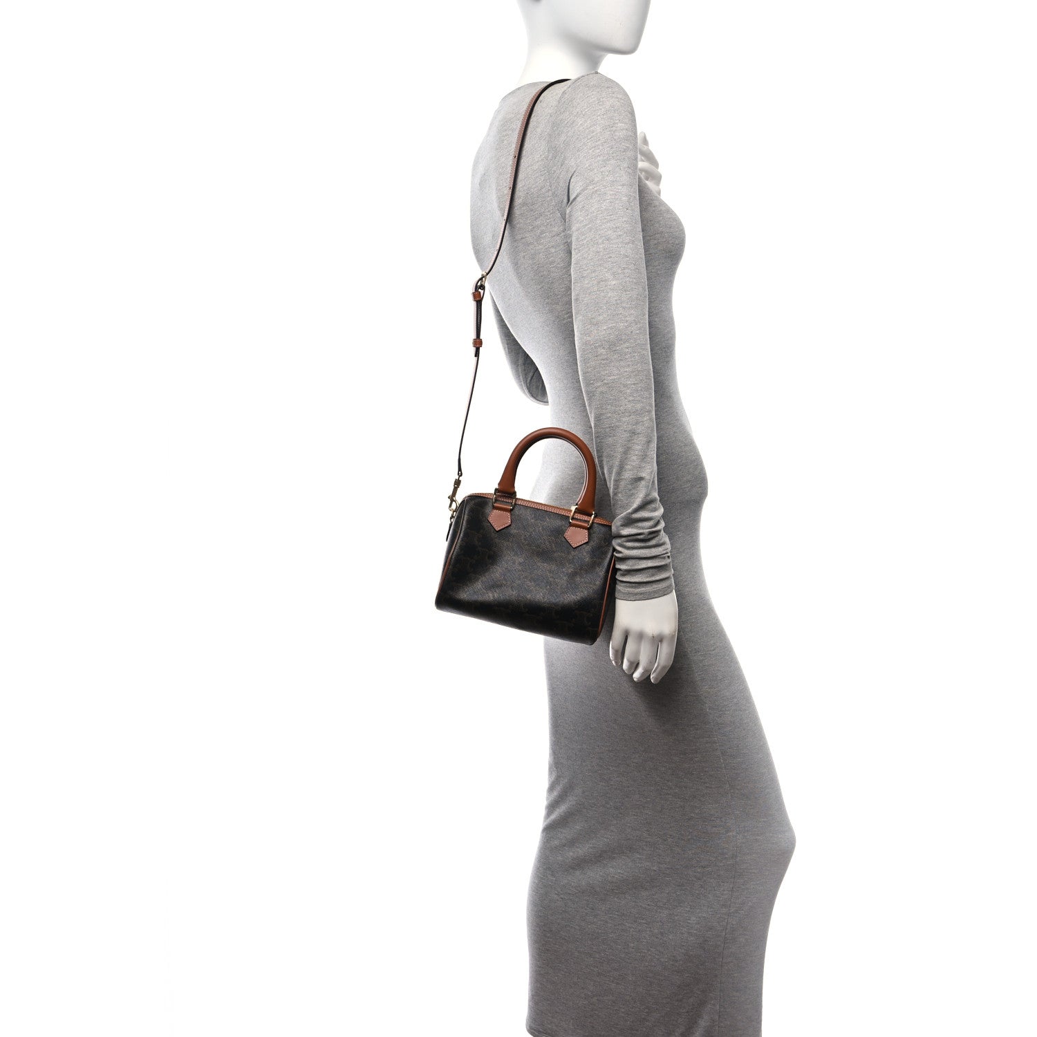 Celine Triomphe Canvas Calfskin Small Boston Bag Tan 2 of 10