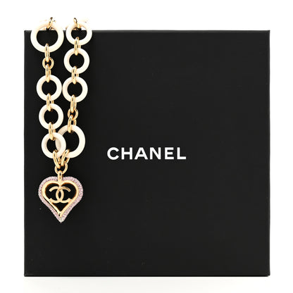Chanel Pearl Crystal Resin CC Heart Necklace Pink Gold White 6 of 6