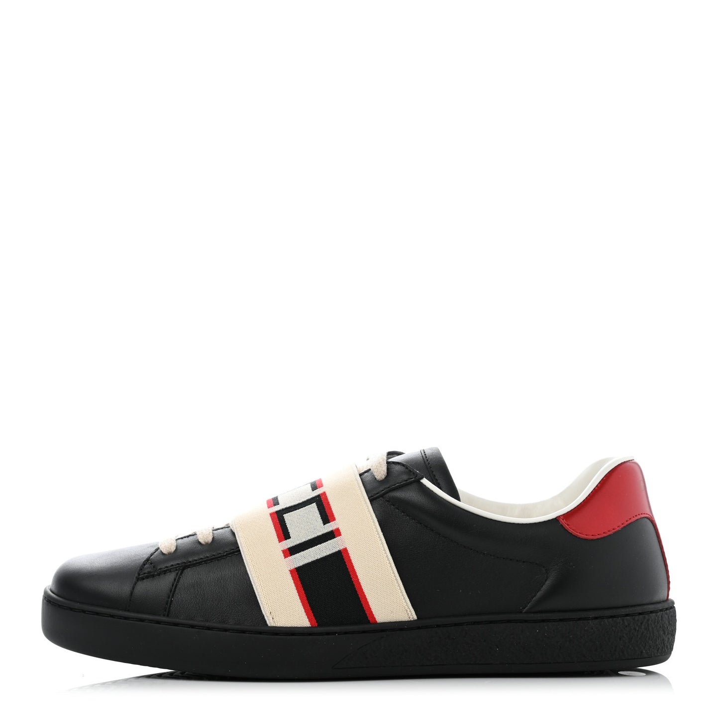 Calfskin Stripe Mens New Ace Sneakers 6.5 Black Ecru Red Flame