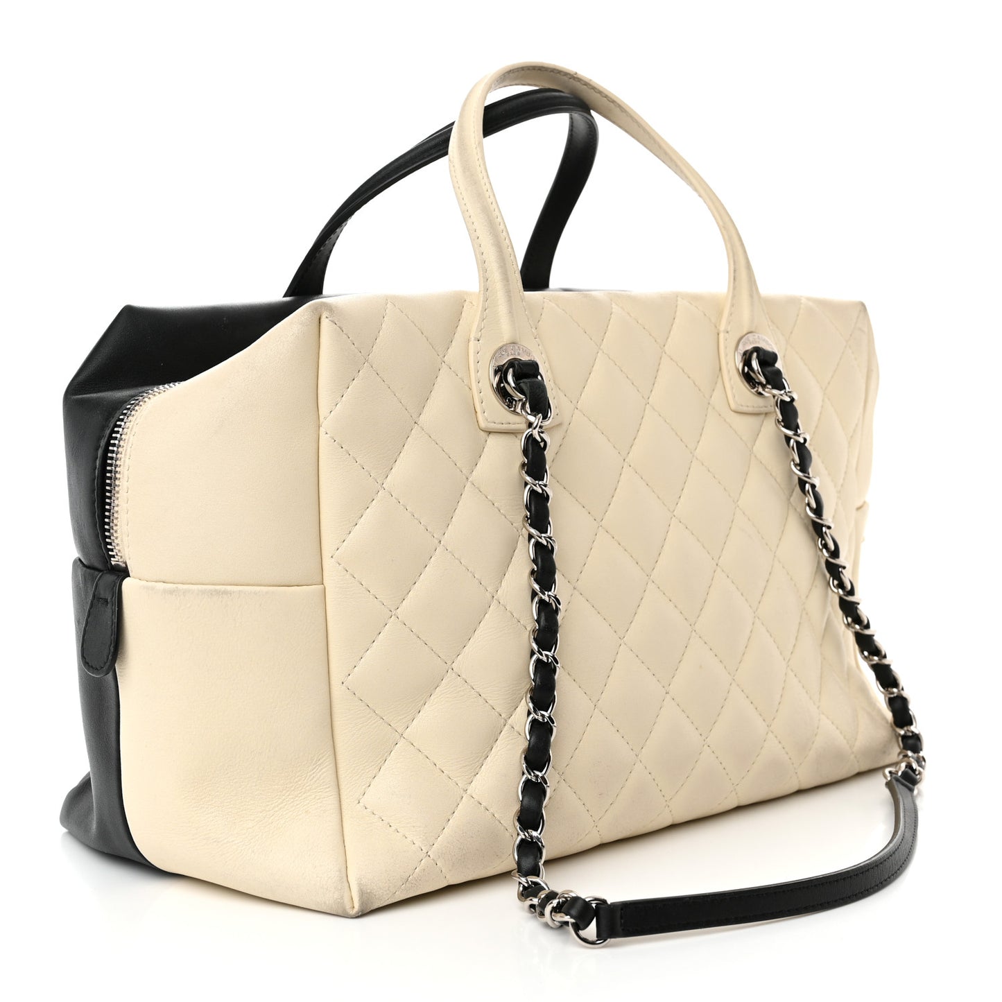 Calfskin Quilted Large Feather Weight Bowling Bag Black Ivory