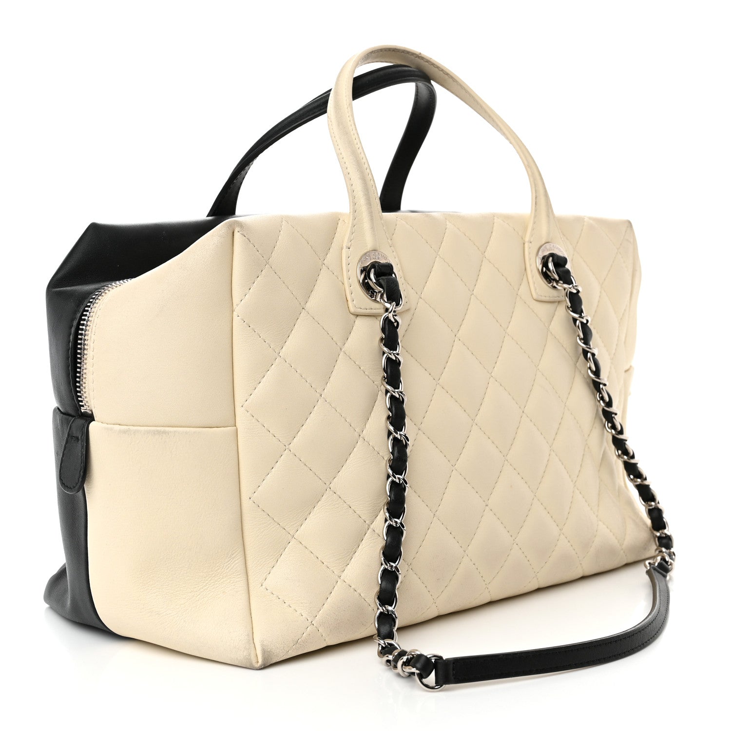 Chanel Calfskin Quilted Large Feather Weight Bowling Bag Black Ivory 3 of 21
