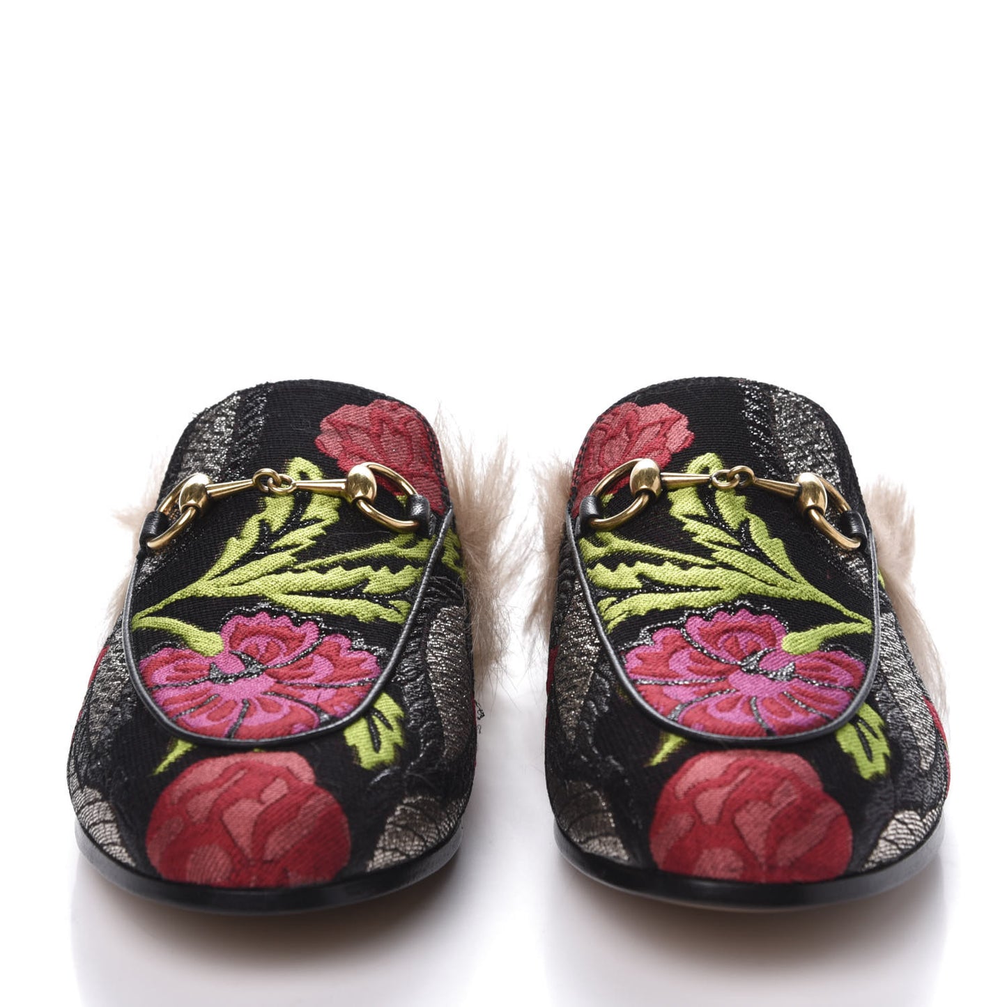 Brocade Fur Floral Womens Princetown Slippers 35 Black Anthracite