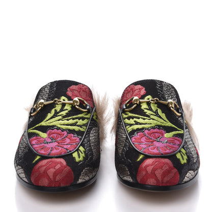 Gucci Brocade Fur Floral Womens Princetown Slippers 35 Black Anthracite 2 of 8