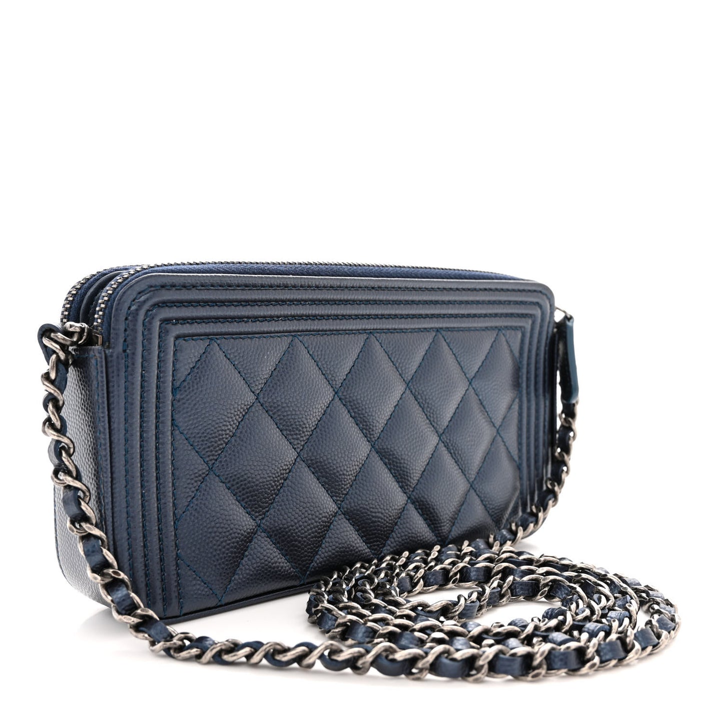 Metallic Caviar Quilted Small Boy Clutch With Chain Navy