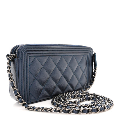 Chanel Metallic Caviar Quilted Small Boy Clutch With Chain Navy 3 of 13