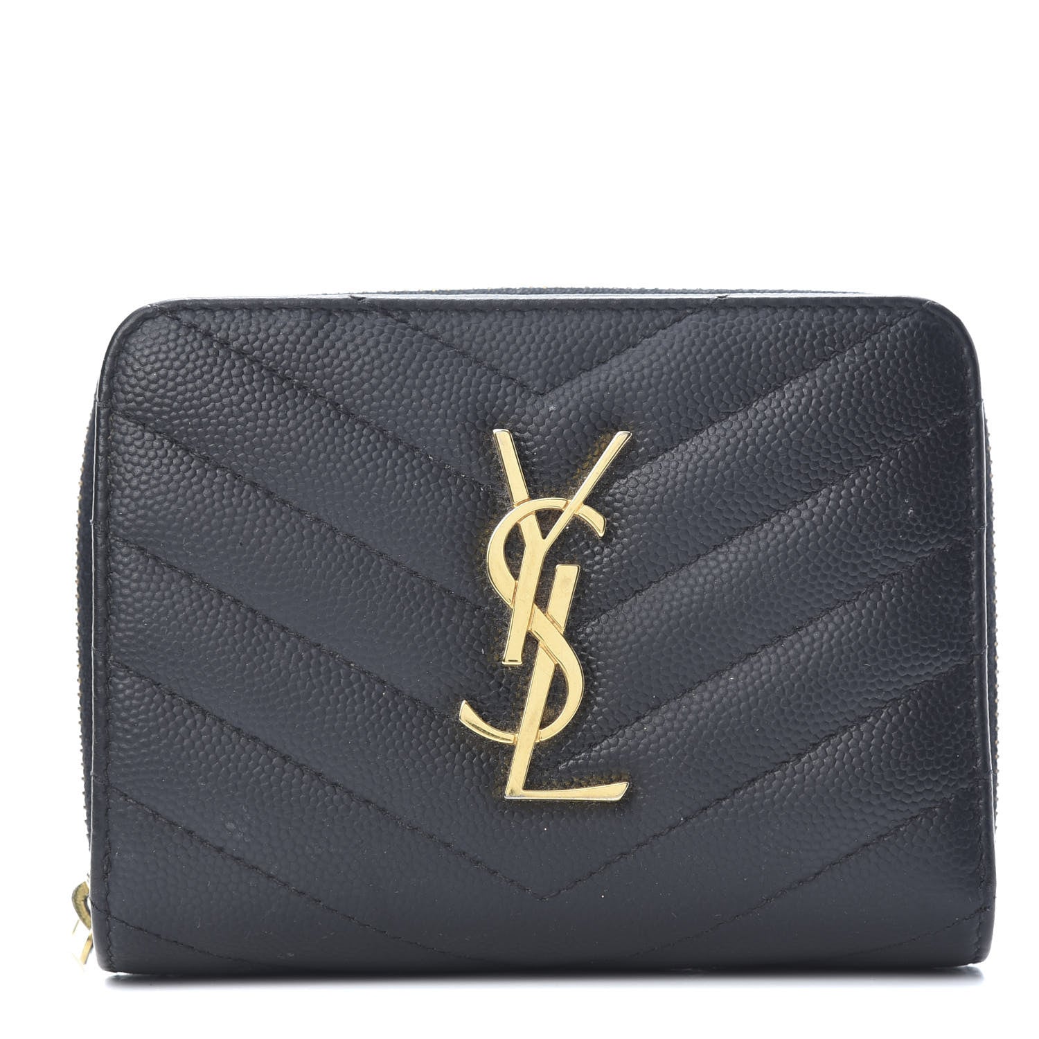 Saint Laurent Grain De Poudre Matelasse Chevron Monogram Compact Zip Around Wallet Black 1 of 10