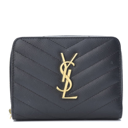 Saint Laurent Grain De Poudre Matelasse Chevron Monogram Compact Zip Around Wallet Black 1 of 10