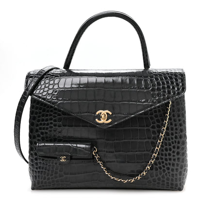Chanel Calfskin Crocodile Embossed Fifth Avenue Maxi Flap Top Handle Bag Dark Grey 1 of 12