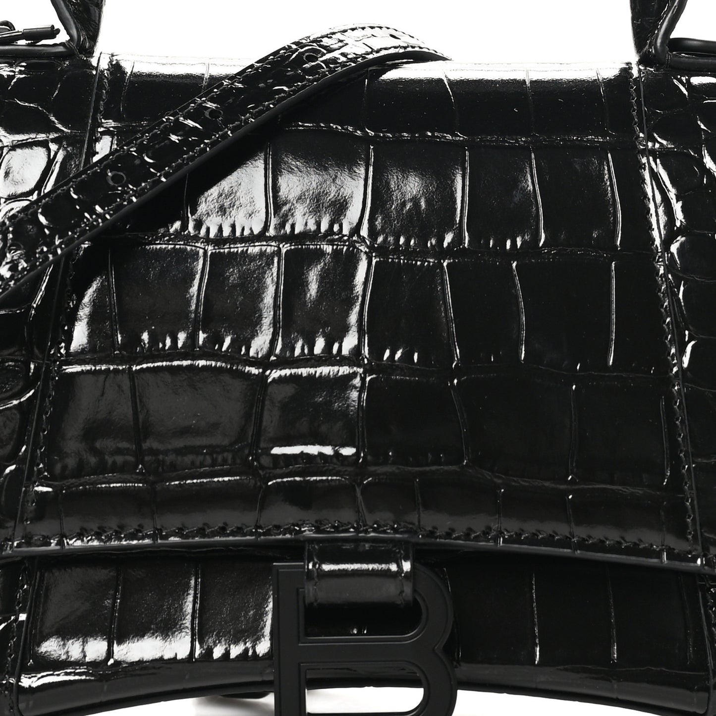 Shiny Calfskin Monochrome Crocodile Embossed Small Hourglass Top Handle Bag Black