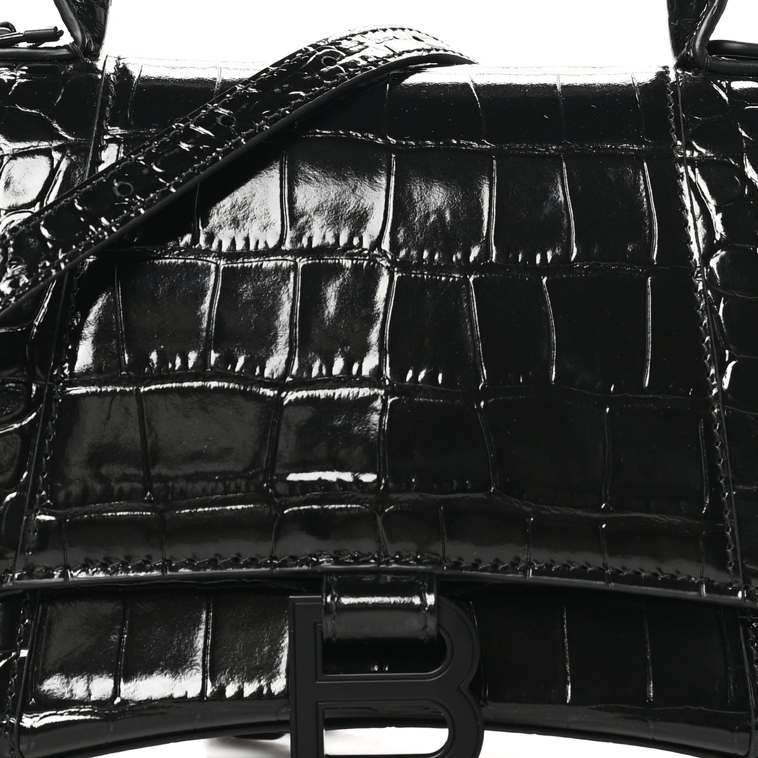 Balenciaga Shiny Calfskin Monochrome Crocodile Embossed Small Hourglass Top Handle Bag Black 8 of 10
