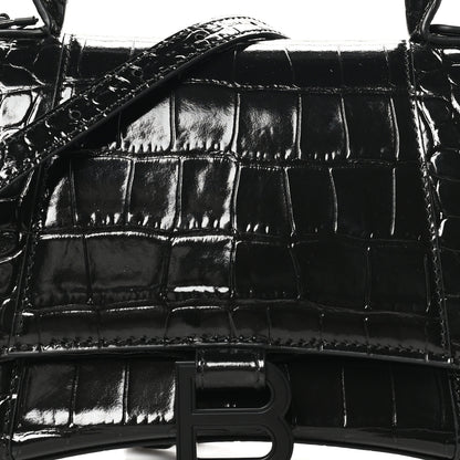 Balenciaga Shiny Calfskin Monochrome Crocodile Embossed Small Hourglass Top Handle Bag Black 8 of 10