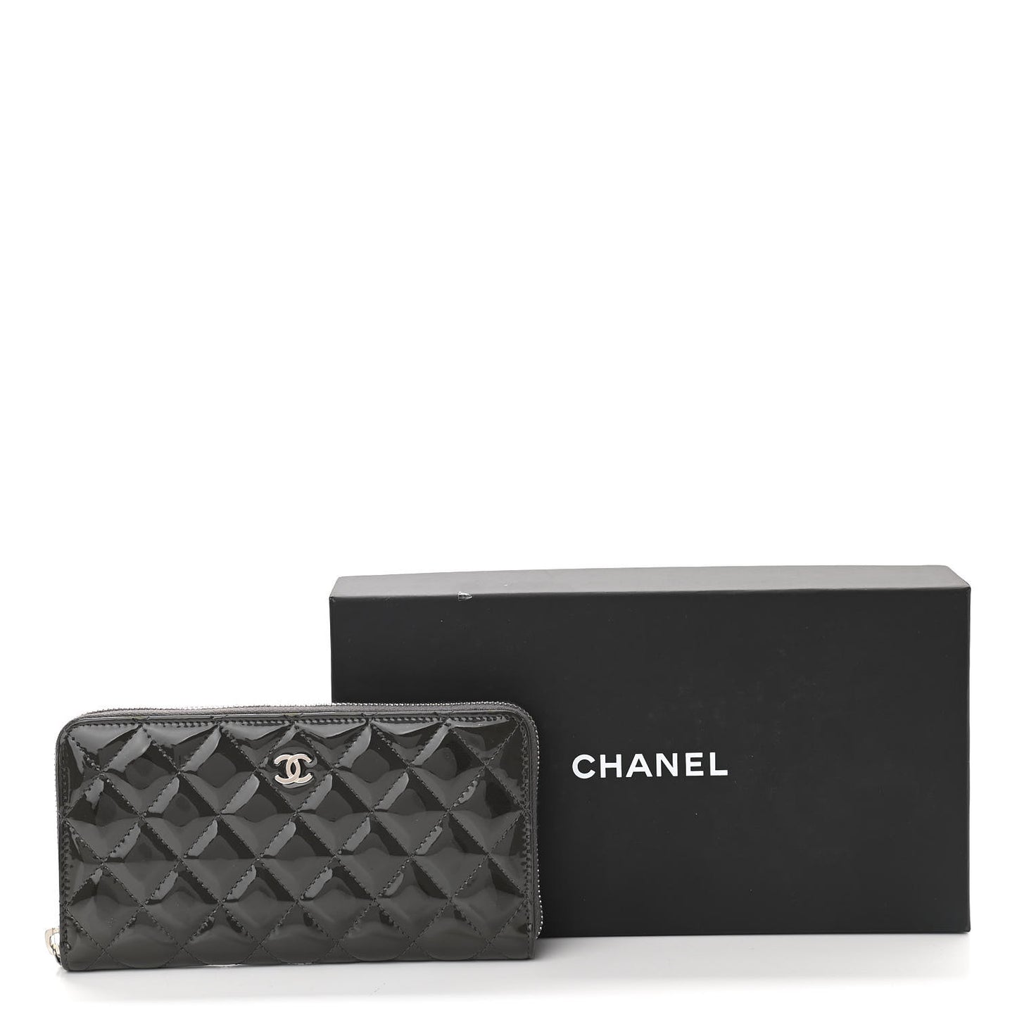 Patent Calfskin Zip Around Wallet Dark Grey
