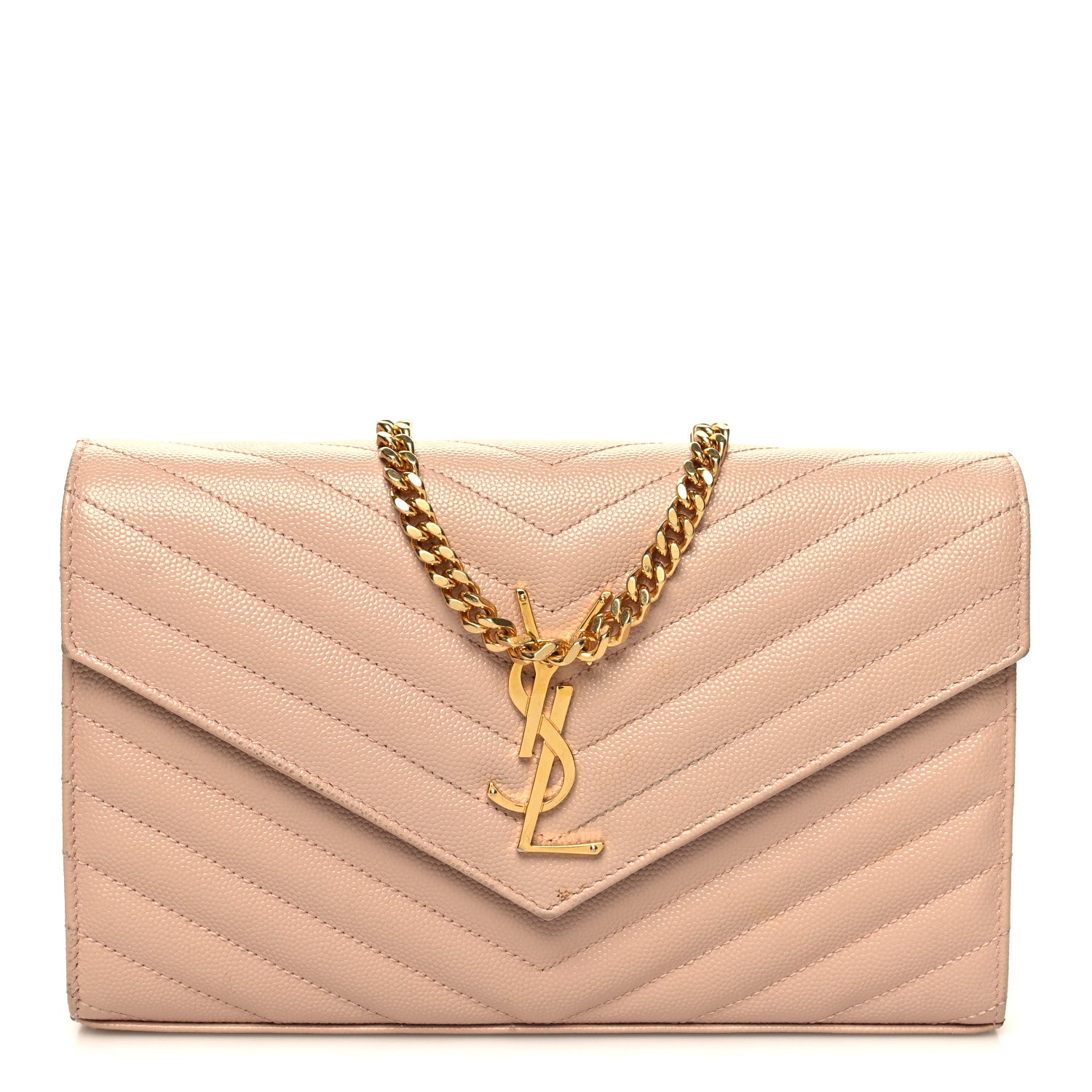 Saint Laurent Grain De Poudre Matelasse Chevron Monogram Chain Wallet Pale Pink 1 of 13