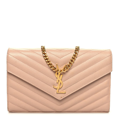 Saint Laurent Grain De Poudre Matelasse Chevron Monogram Chain Wallet Pale Pink 1 of 13